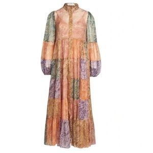 ZIMMERMANN Brighton 100% Silk Long Sleeve Multicolor Patchwork Maxi Dress